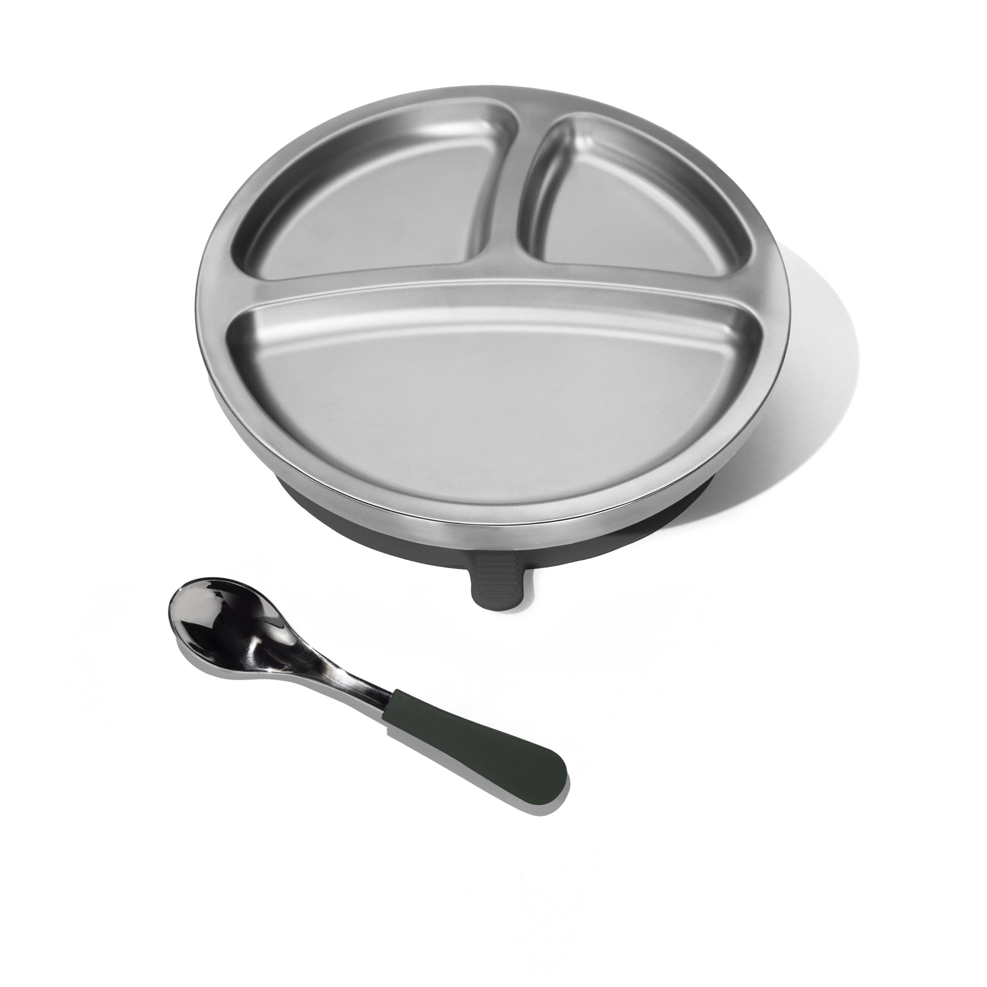 Baby Round Divided Plate + Spoon | Stainless Steel & Silicone