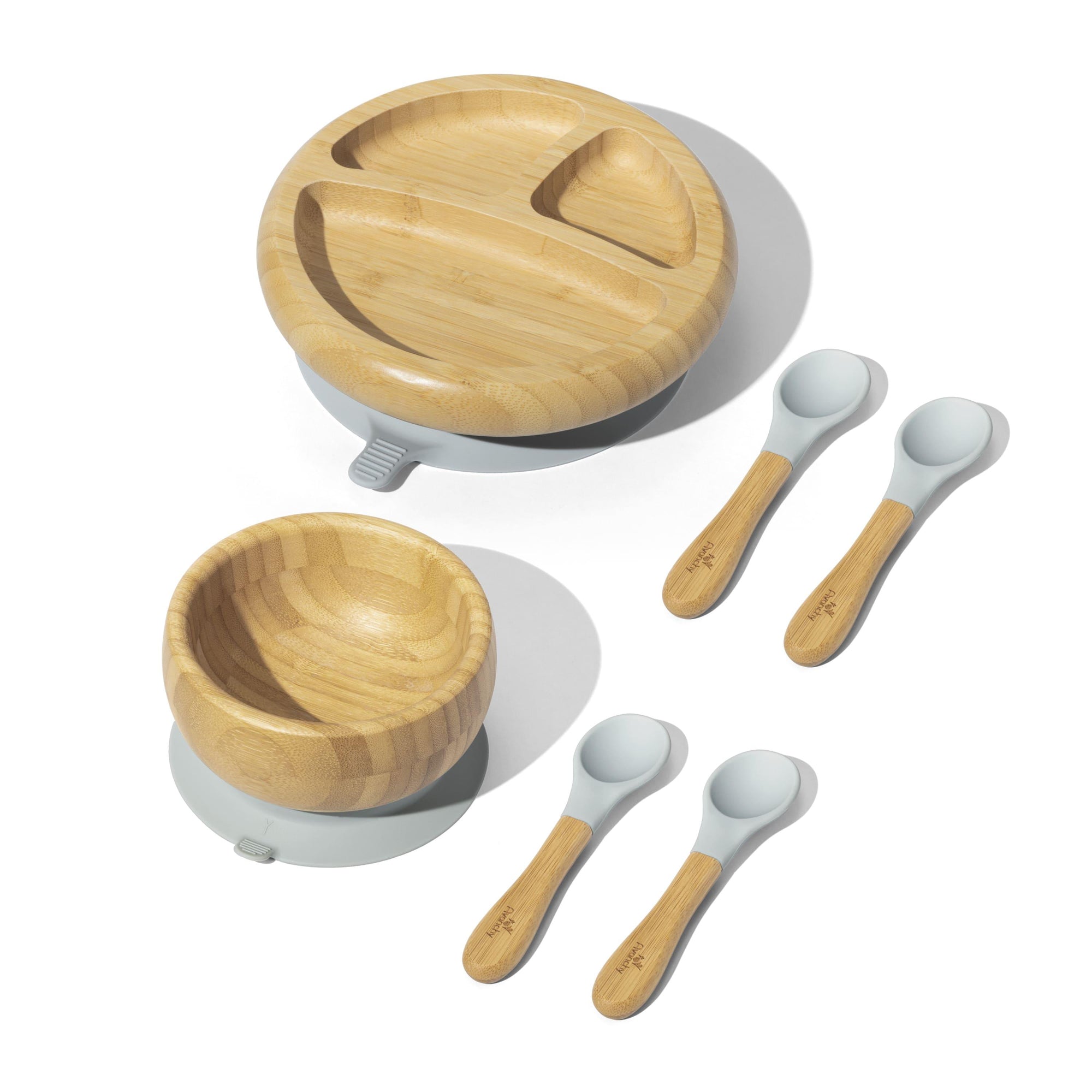 Bamboo Starter Bundle - BLW Removable Suction Baby Feeding Set: Bowl, Plate, Spoons, and Forks - Avanchy Sustainable Baby Dishware