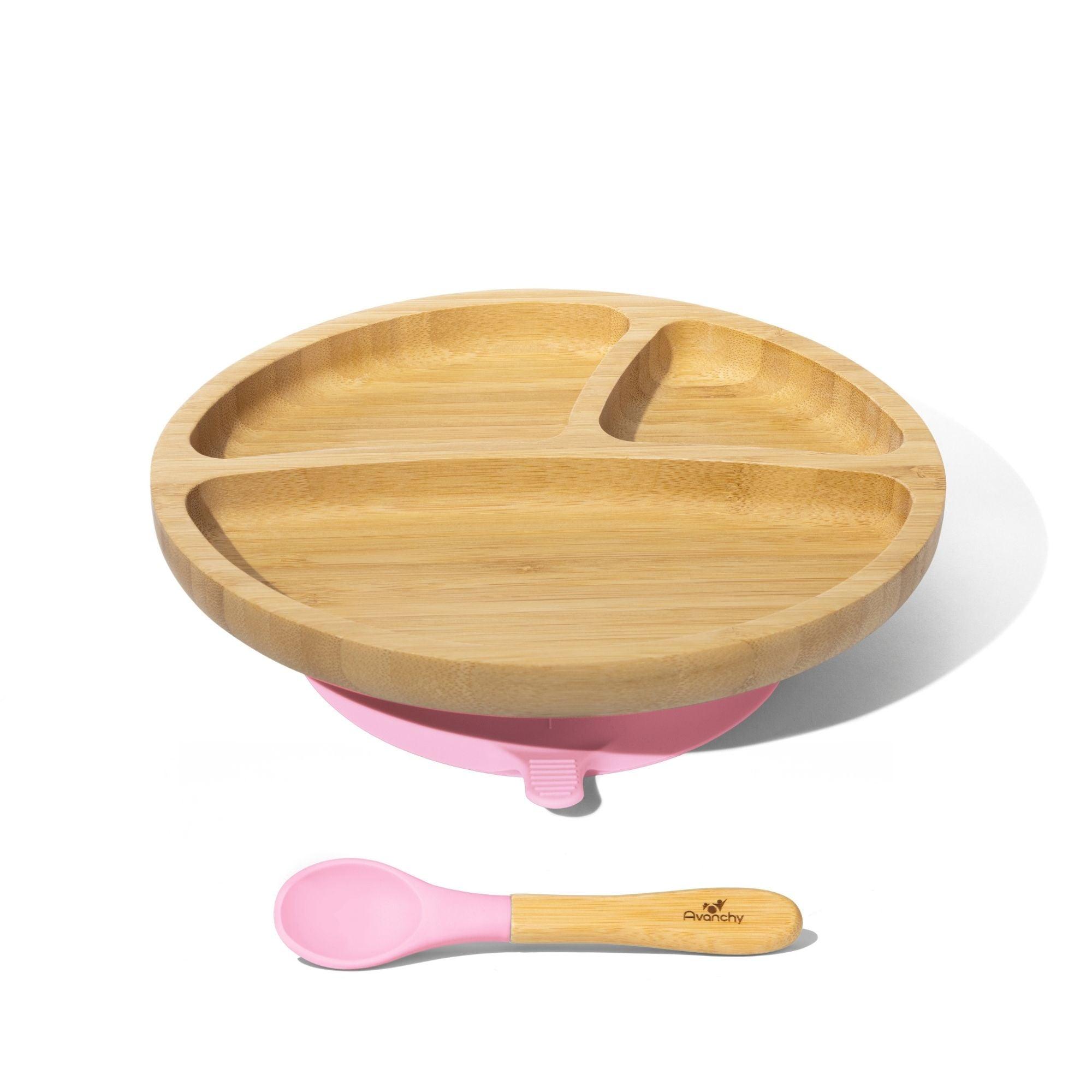 Bamboo Toddler Plates - BLW Removeable Silicone Suction Cup Divided Plate + Spoon Set - Avanchy Sustainable Baby Dishware