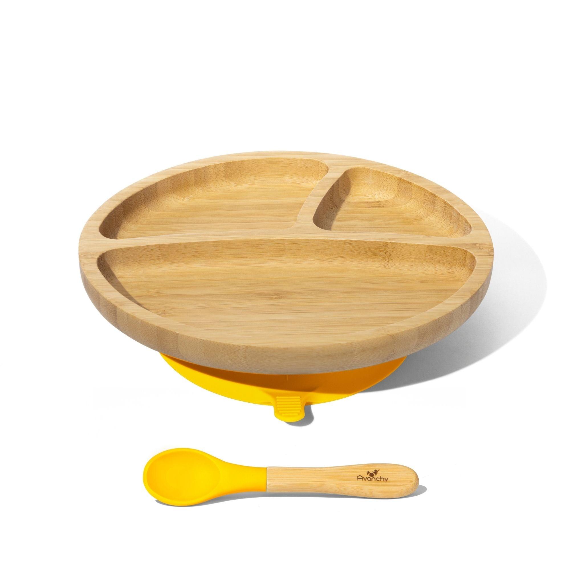 Bamboo Toddler Plates - BLW Removeable Silicone Suction Cup Divided Plate + Spoon Set - Avanchy Sustainable Baby Dishware