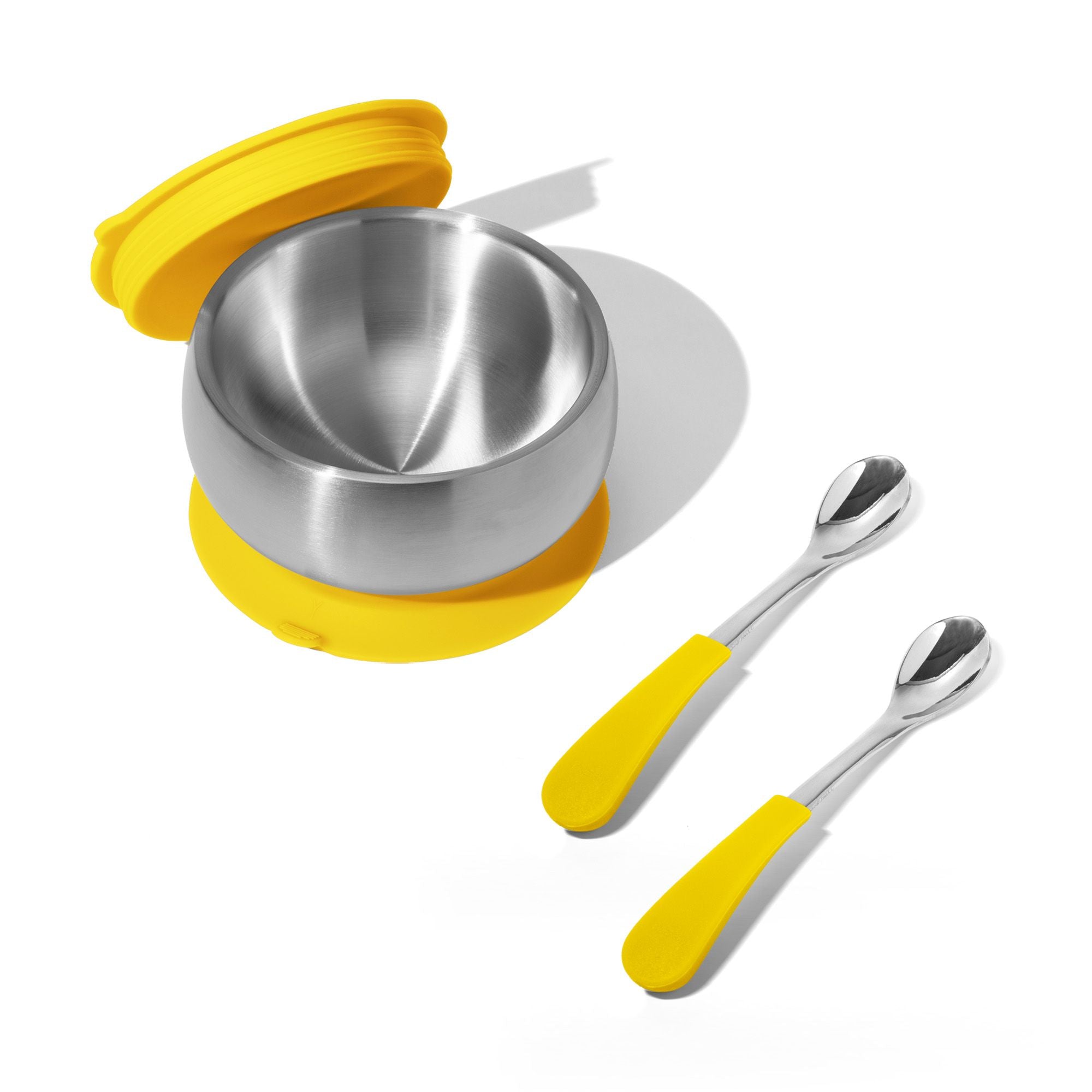 Stainless Steel Baby Bowl Bundle - BLW Removeable Suction Infant Feeding Bowl + Lid + 2 Spoons Set - Avanchy Sustainable Baby Dishware