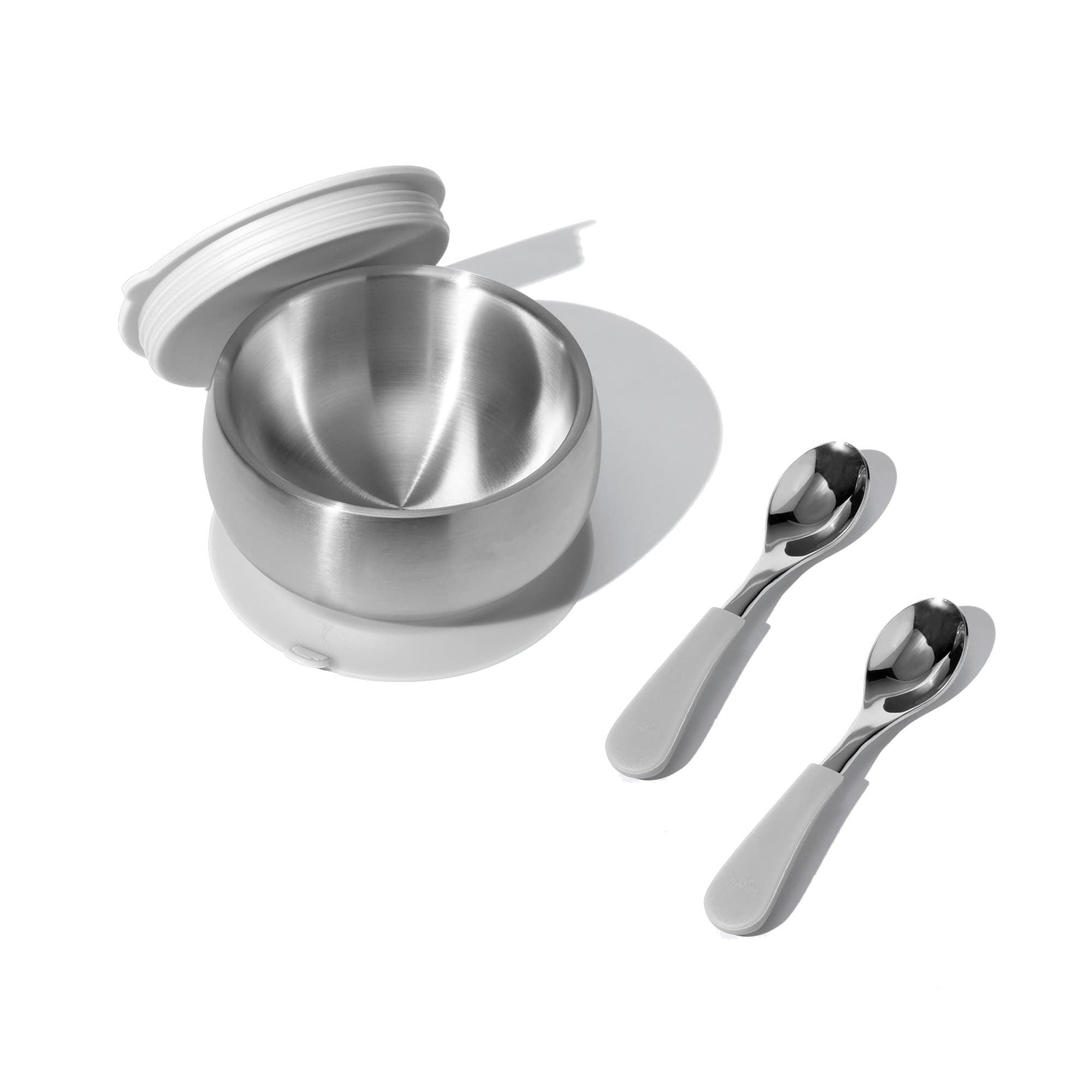 Stainless Steel Baby Bowl Bundle - BLW Removeable Suction Infant Feeding Bowl + Lid + 2 Spoons Set - Avanchy Sustainable Baby Dishware