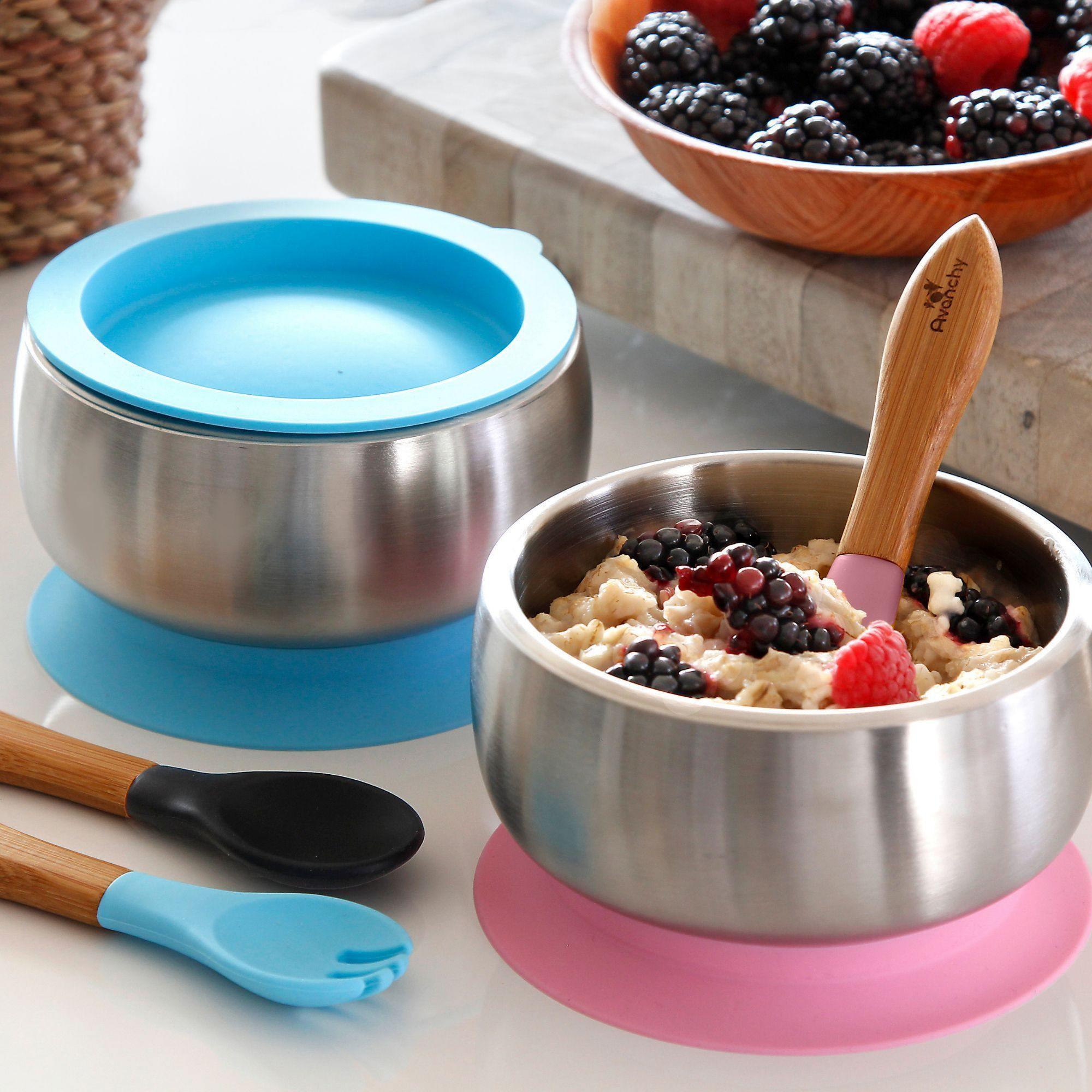 Stainless Steel Baby Bowls - BLW Removeable Suction Infant Feeding Bowl + Lid Set - Avanchy Sustainable Baby Dishware